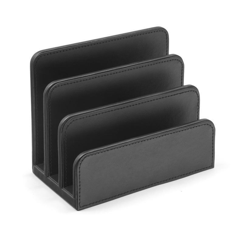 OSCO Black Faux Leather Letter Holder | Mail Sorter | Post Rack | Envelope Organiser | Document Stand | Desk File Storage | Display Slots | H14 x W17.5 D10 cm | - Image 1